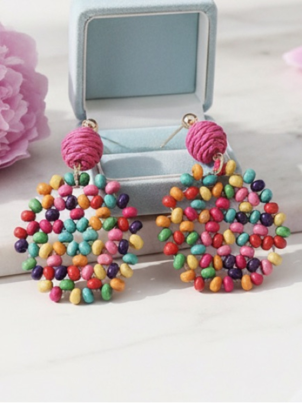 Handmade Boho Wood Bead & Raffia Statement Summer Earrings Eclectic Whimsical - Picture 2 of 6